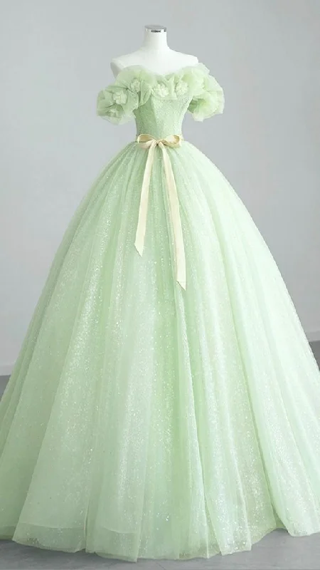Take Advantage wrap-around dressA-Line Off Shoulder Tulle Green Long Prom Dress, Green Sweet 16 Dress Y5854