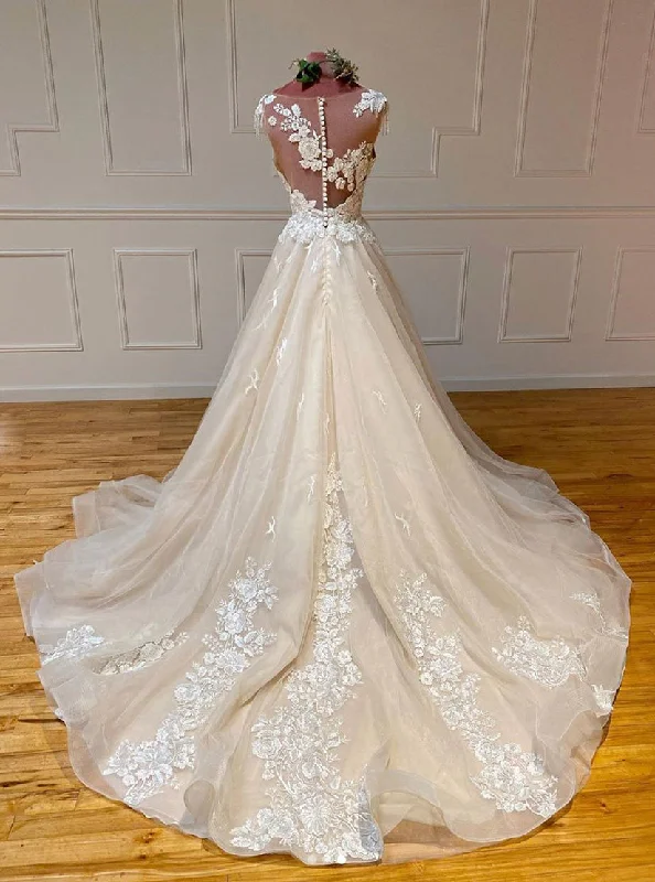 Mega Sale Champagne Sleeveless Round Neck Tulle Lace Long Prom Dresses