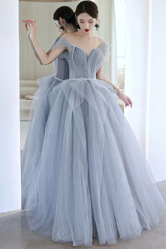 Bargain Bin Dusty Blue Tulle Long Prom Dress
