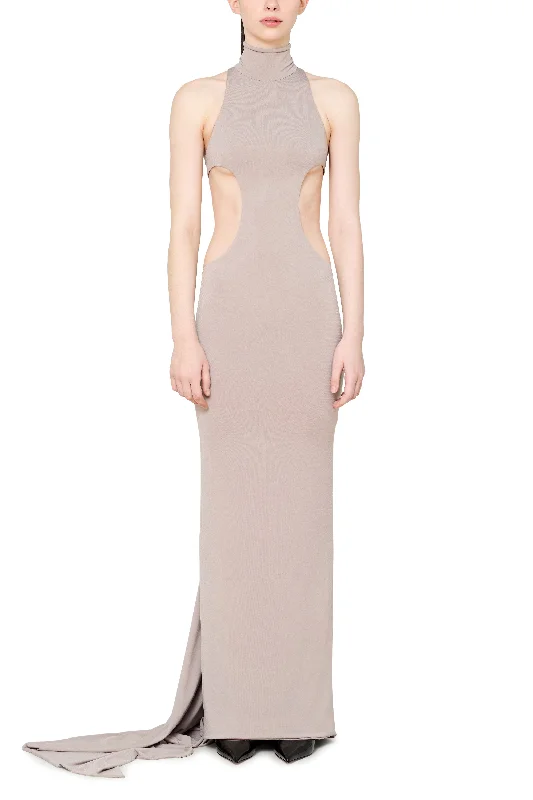 Buy Now Mock Neck T-Bar Cutout Gown with Train