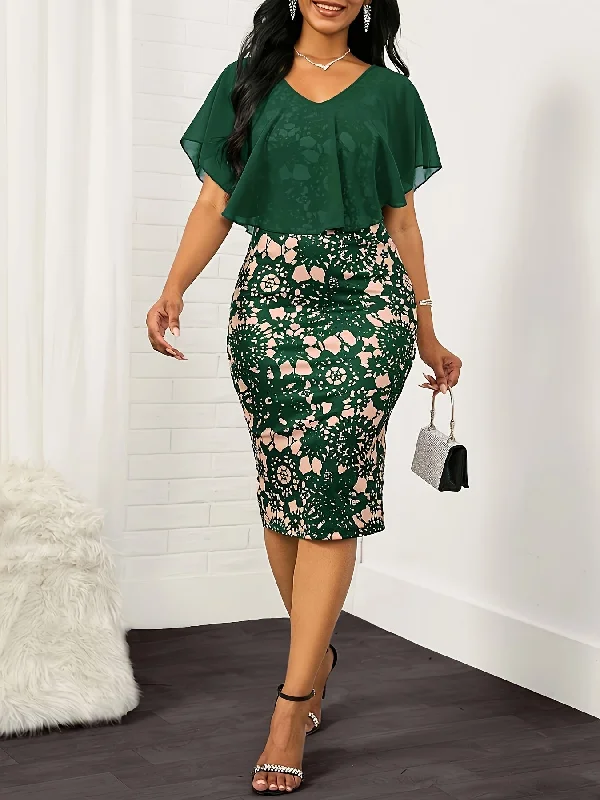Daily Deals Floral Pattern Contrast Mesh Bodycon Dress, Elegant Cape Sleeve Dress