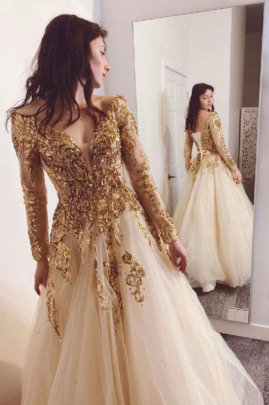 Shop and Save Gold Sequins V-Neck Floor Length Prom Dress, Long Sleeve A-line Evening Dress Shop and Save Gold Sequins V-Neck Floor Length Prom Dress, Long Sleeve A-line Evening Dress