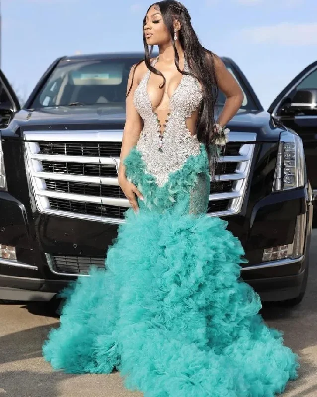 Turquoise Mermaid Long Evening Dress for Women Silver Diamond Crystal Ruffles Skirt Black Girl Birthday Gown vestidos de gala