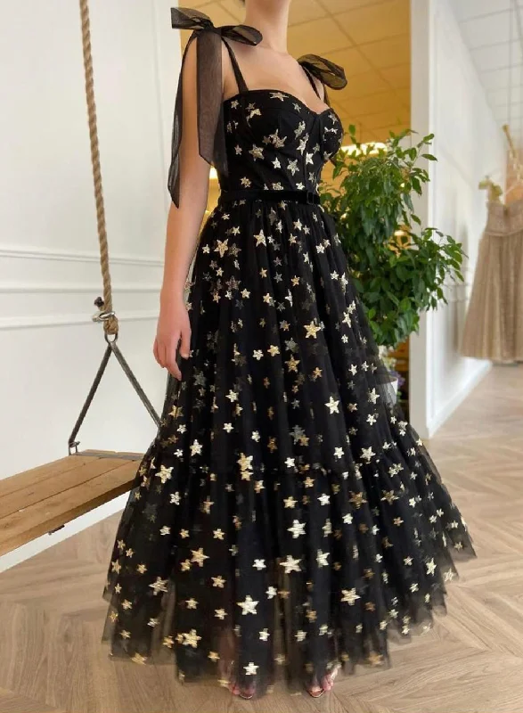 Savings Event Black Tulle Sequins Long Prom Dress with Stars