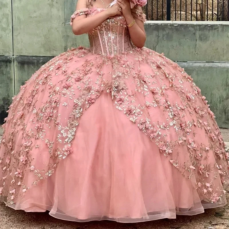 Princess Girls Quinceanera Dresses Applique Lace Flower Tull Lace Up Ball Gown Bithday Party Prom