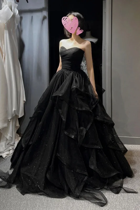 Deal Dash Black Sweetheart Neck Tulle Long Prom Dress, Black Evening Party Dress