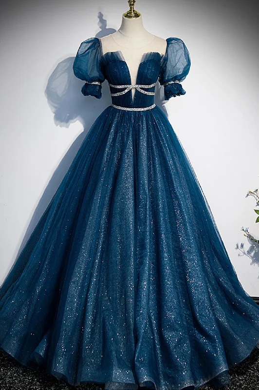 Don't Miss Stylish Tulle Sequins Long Prom Dress, A-Line Short Sleeve Evening Dress