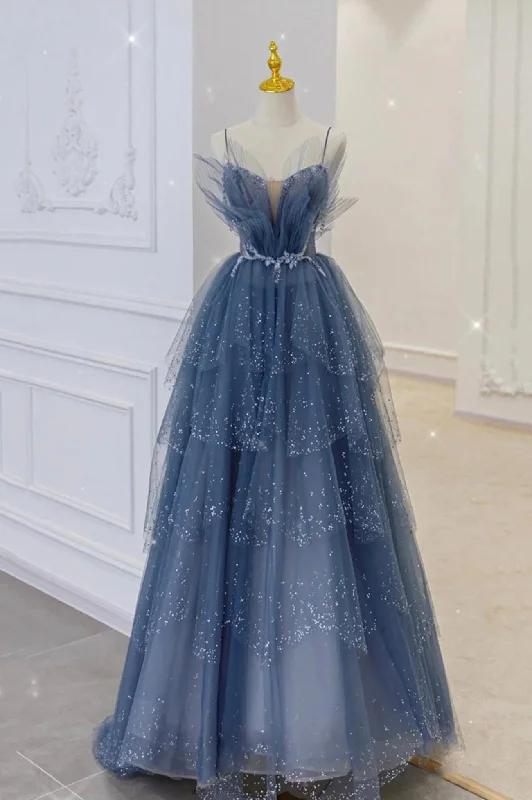 Early Access Blue Spaghetti Strap Tulle Beaded Long Prom Dress