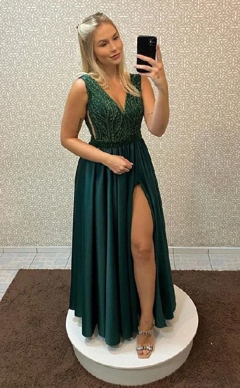 Green V-Neck A-Line Prom Dress With Slit Y6434