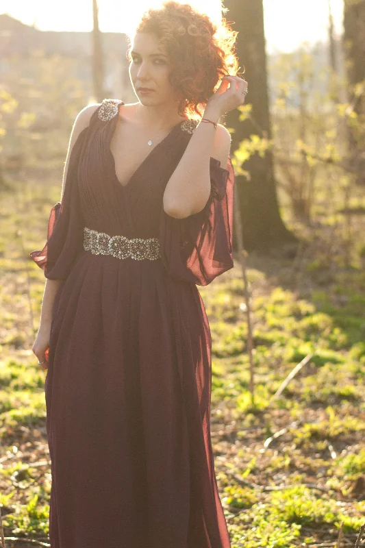 Clearance Event A-line V-neck Wide Strap Floor Length Chiffon Rhinestone Evening Dress