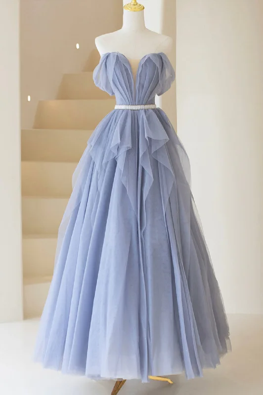 Price Blitz Blue Tulle Long Prom Dress, A-Line Off the Shoulder Evening Dress