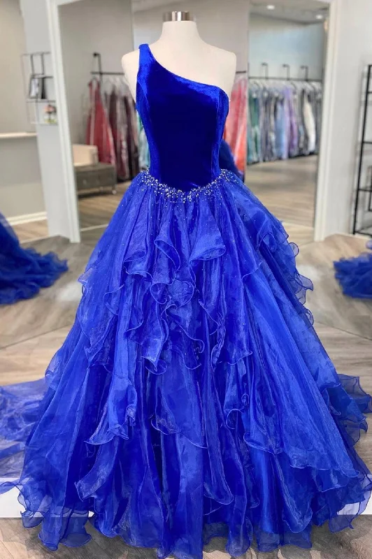 Online Specials Blue Velvet Tulle Long Prom Dress, One Shoulder Evening Party Dress