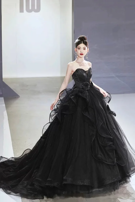 Closeout Sale Black Strapless Satin Tulle Long Prom Dress, A-Line Evening Party Dress