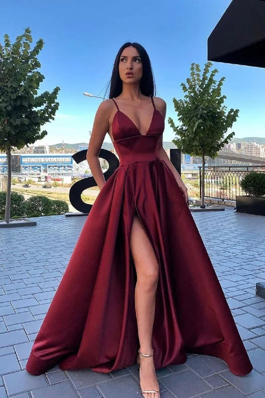 Deal Dash Simple V-Neck Satin Long Prom Dress, A-Line Satin Party Dress with Slit