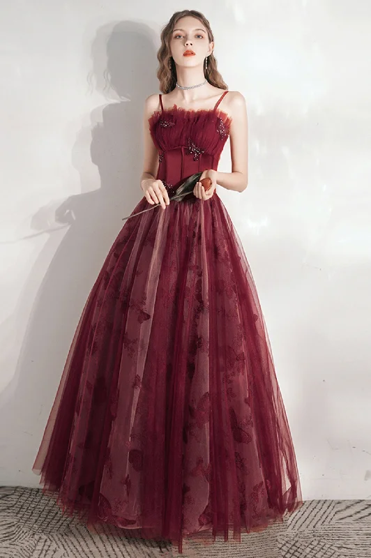 Exclusive Deal Burgundy Spaghetti Strap Tulle Long Prom Dress