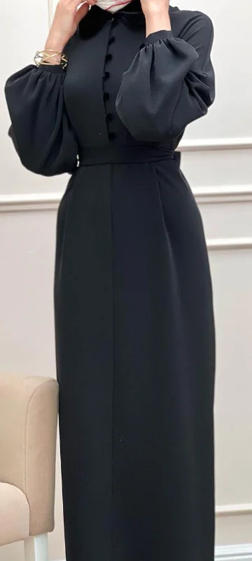 Classy Black Column Evening Dress With Long Sleeves Y4917