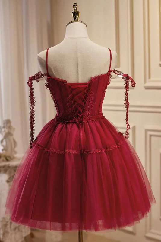 Crazy Deals Burgundy Spaghetti Straps V Neck A Line Tulle Short Homecoming Dresses