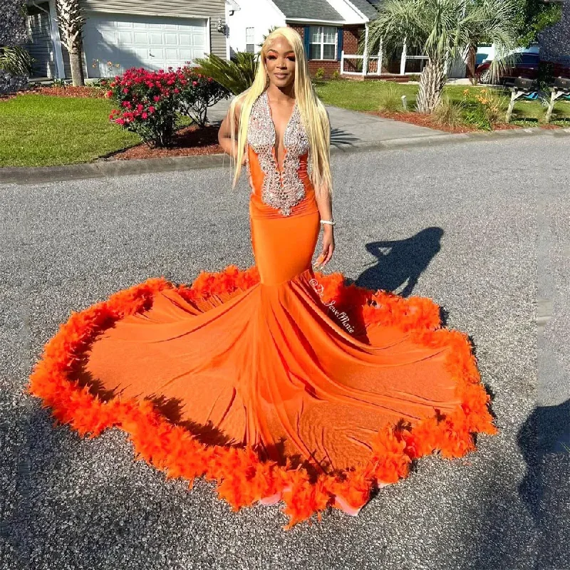 Orange Luxury Elegant Mermaid Prom Dresses Feathers Sequins Sparkly Sweep Train Women Long Evening Party Gowns Custom Made