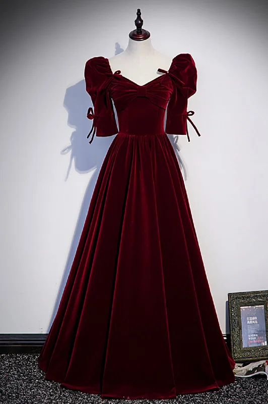 Steals and Deals Burgundy Velvet Long A-Line Prom Dress