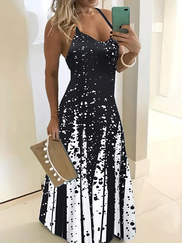 Can't Miss Color Block Spaghetti Dress, Casual V Neck Sleeveless Slim Waist Maxi Dress Can't Miss Color Block Spaghetti Dress, Casual V Neck Sleeveless Slim Waist Maxi Dress