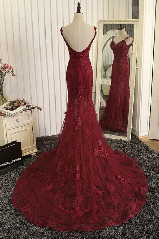 Big Discounts Burgundy Trumpet Sweep Train V Neck Mid Back Appliques Beading Long Prom Dresses