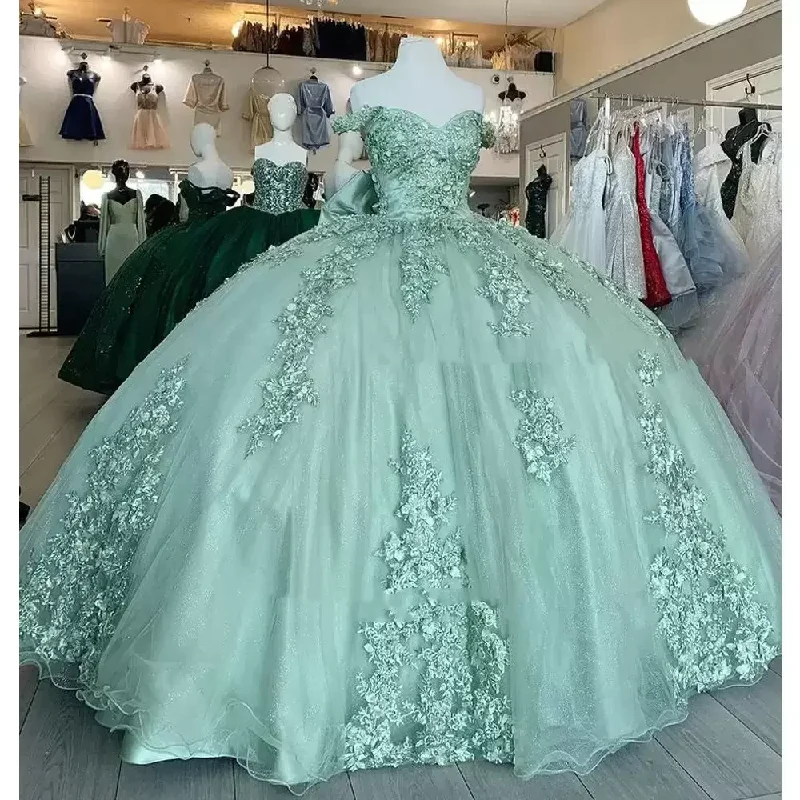 Sage Green Quinceanera Dresses Off Shoulder Floral Appliques Lace Bow Back Corset For Sweet 15 Girls Party Gowns