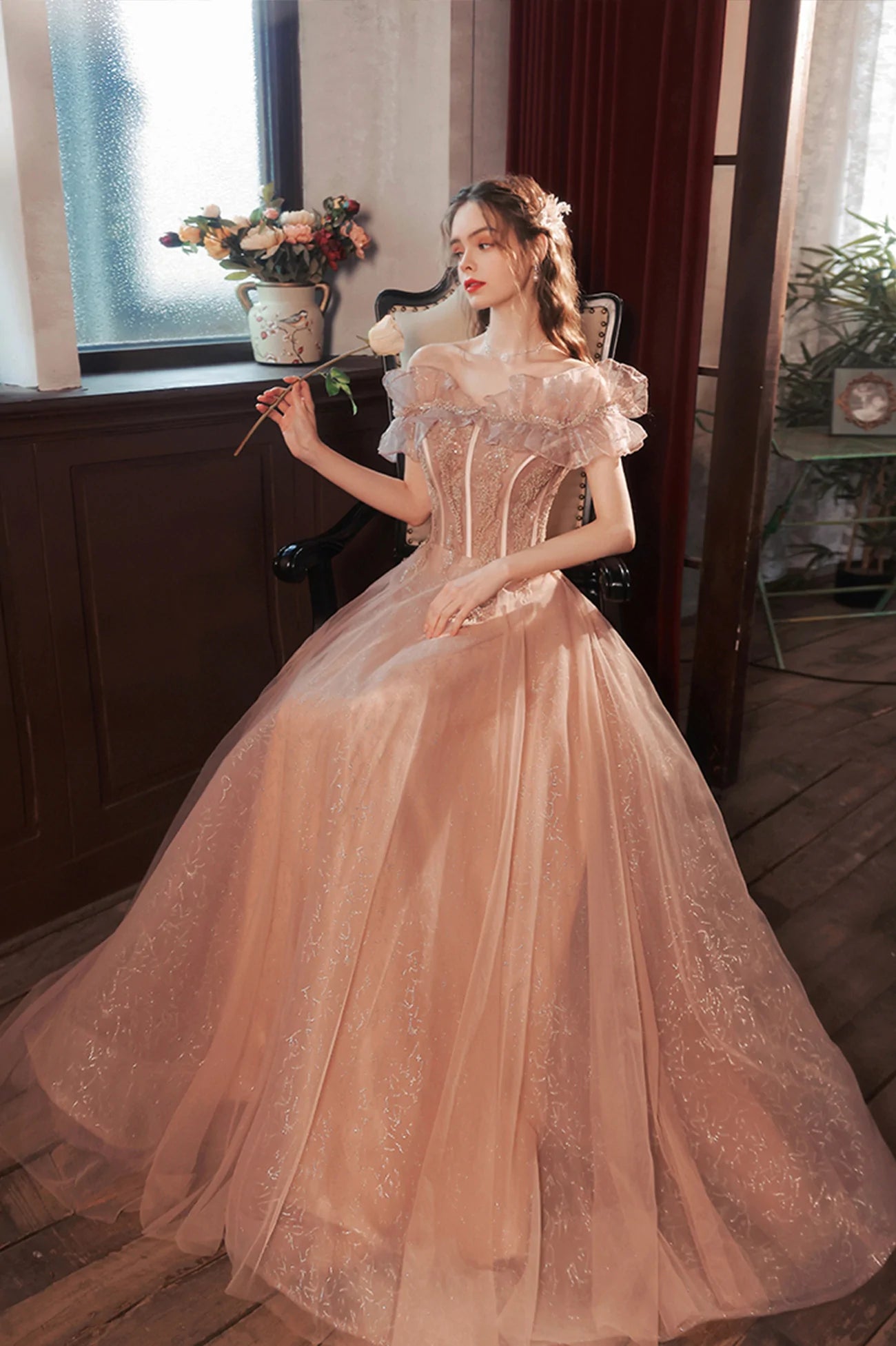 Limited Time Pink Tulle Sequins Long Prom Dress, Off the Shoulder Party Dress
