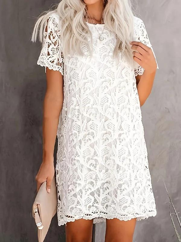 Members Only Floral Lace Stitching Dress, Elegant Short Sleeve Dress