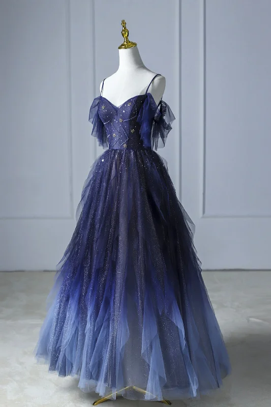 Exclusive Savings Blue Gradient Tulle Long Prom Dress, A-line Spaghetti Strap Evening Dress