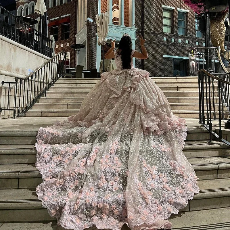 Pink Shiny Ball Gown Quinceanera Dresses Beads Sweetheart Applique 3DFloral Brithday Dance Party Vestidos 15 De Quinceañera