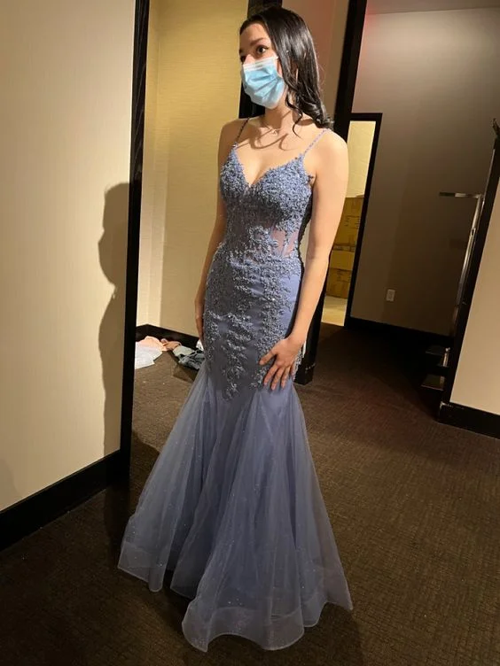 Mermaid V Neck Lace Long Prom Dress,Mermaid Formal Dress Y6479