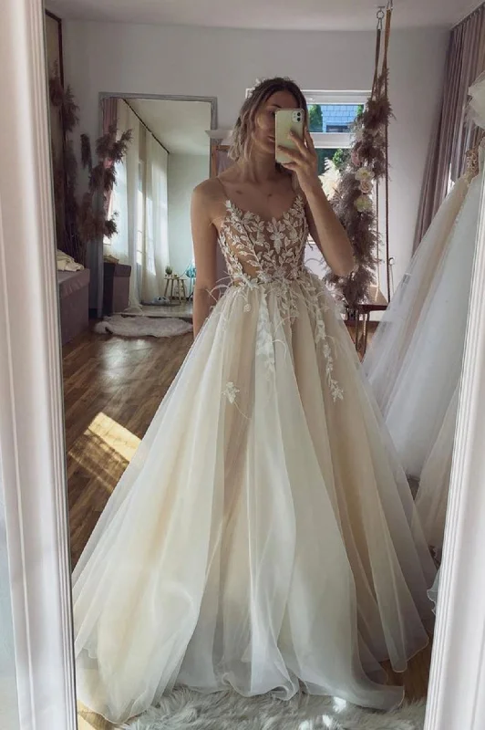 Discount Deals Champagne Spaghetti Strap Tulle Long A-Line Prom Dress