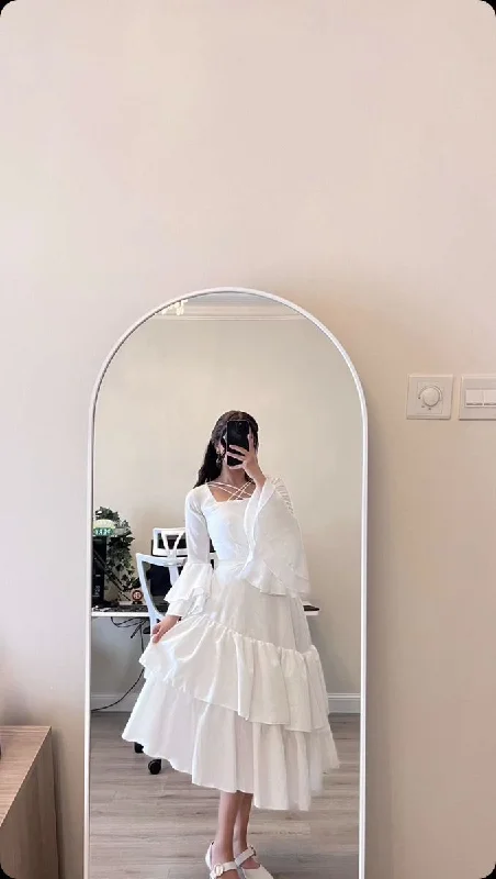 Online Exclusive elegant shift dressUnique White A-line Hem Ruffles Prom Dress,White Party Dress  Y5546