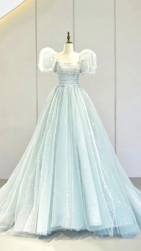 Doorbuster Deal minimalistic dressA-Line Puff Sleeves Blue Long Prom Dress, Tulle Formal Evening Dress Y2932