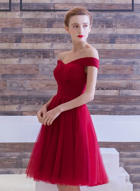 Epic Deals Dark Red Tulle Short Prom Dress, A-Line Off the Shoulder Evening Party Dress