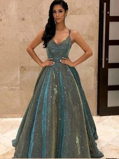 Deal Dash A-line Double Strap Long Prom Dresses Spatkly Evening Dresses JKM3014