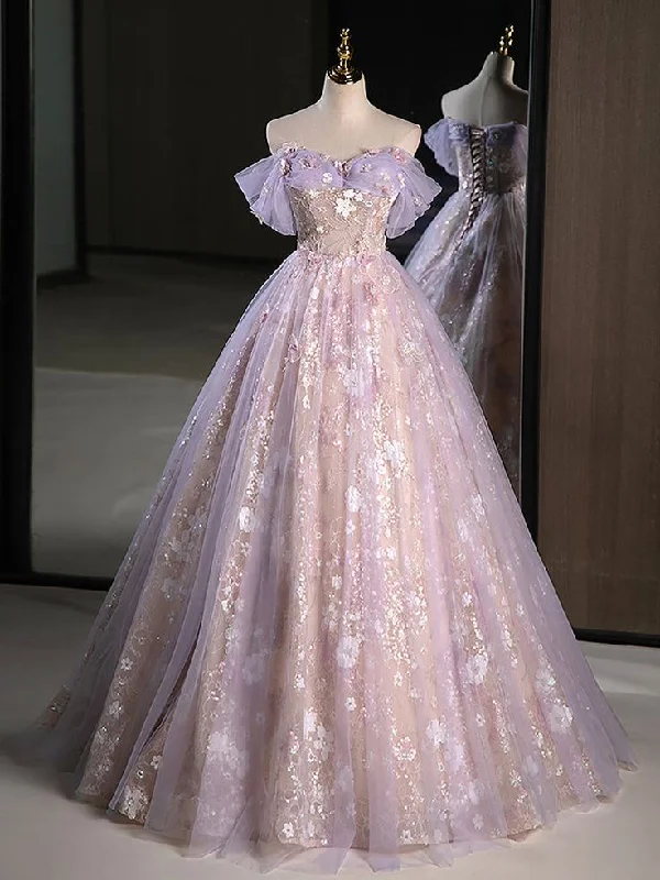 Act Fast statement dressA-Line Off Shoulder Tulle Lace Long Prom Dress, Formal Dress Y5846