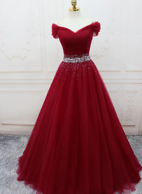 Massive Deals Burgundy Tulle Beaded Long Prom Dress, Off the Shoulder Evening Party Dress
