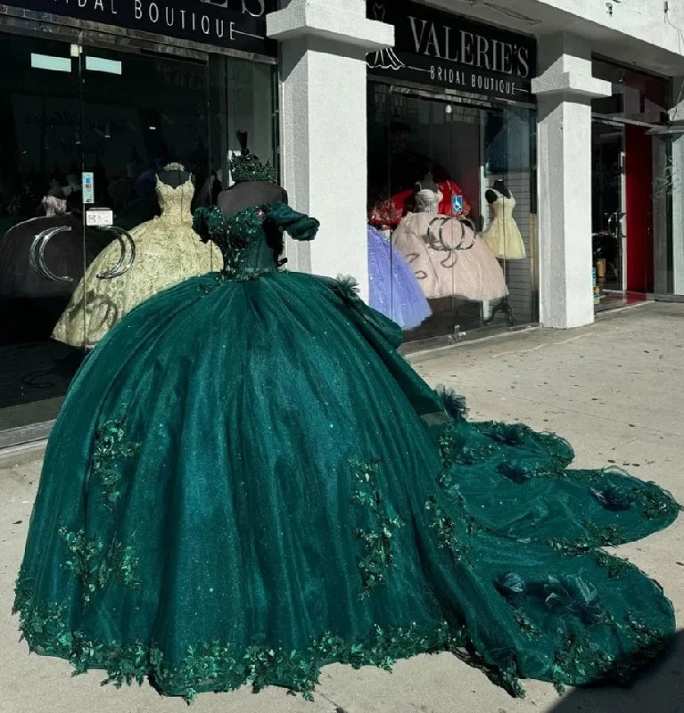 Princess Emerald Green Off Shoulder Ball Gown Quinceanera Dresses 2024 Beads Birthday Party Flowers Sweet 16 Dress Vestidos