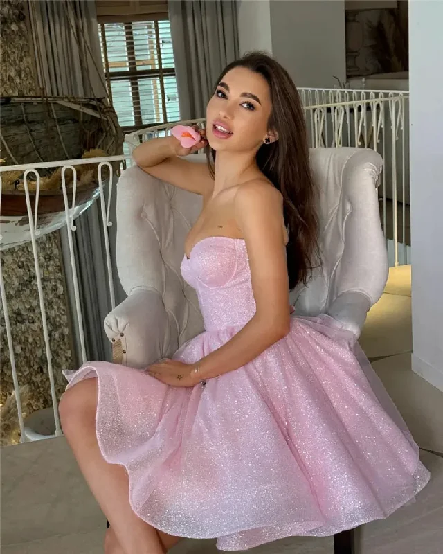 Pink Glitter Tulle Prom Dress Short A Line Shiny Tulle Party Gowns Midi Sweetheart Neck Formal Evening Dress 2024