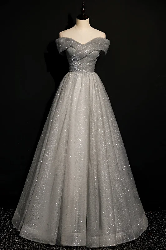 Markdowns Gray Tulle Off the Shoulder Floor Length Prom Dress