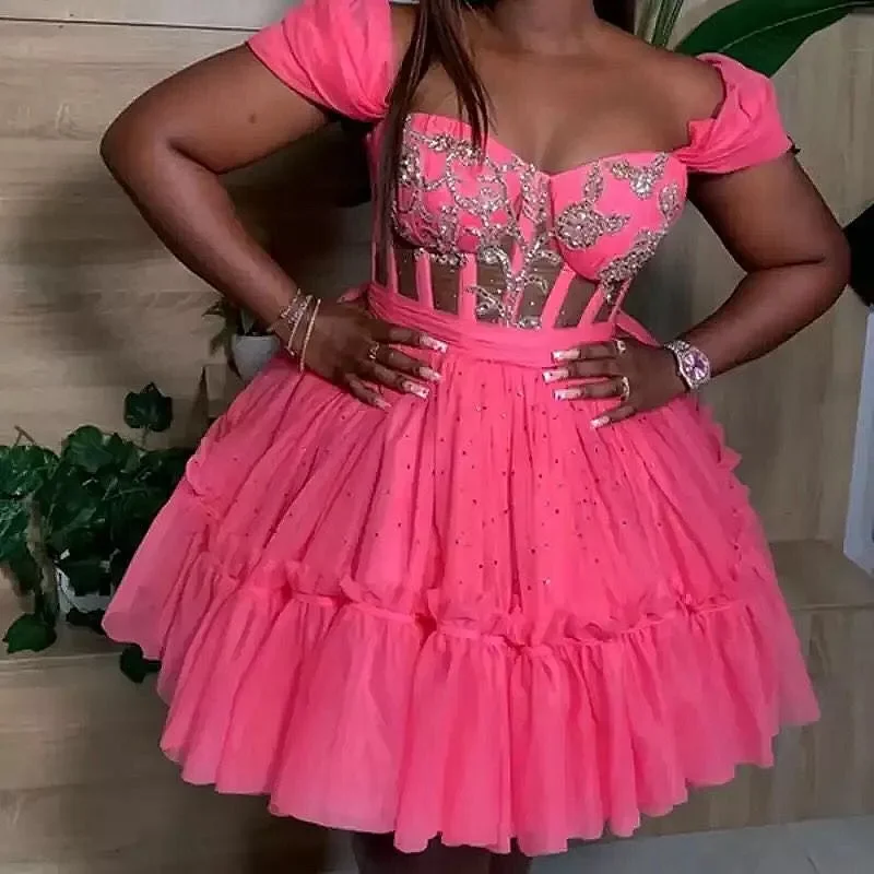 Watermelon SHort Cocktail Party Dress Off The Shoulder Capped Beads Sequins A Line Black Girls Birthday Dress For Photo Shoot