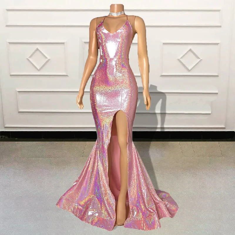 Sparkly Sequined Long Prom Dresses for Graduation Party Sexy V Neck Backless Formal Occasion Evening Gowns with High Slit