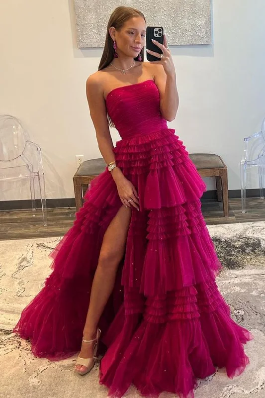 Stock Up and Save elegant evening dressA-Line Strapless Tulle Long Prom Dress with Tiered Ruffles Y5301