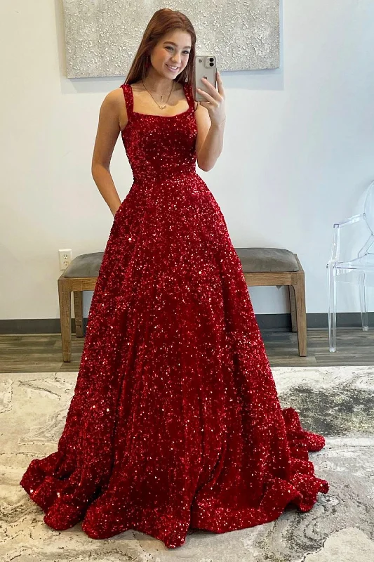 Limited Edition Burgundy Sequins Long Prom Dress, Beautiful A-Line Evening Dress Party Dress