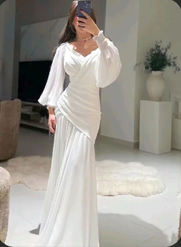 Season Finale Sale floral midi dressModest White Mermaid Long Evening Dress with Puff Sleeves Y4074 Season Finale Sale floral midi dressModest White Mermaid Long Evening Dress with Puff Sleeves Y4074