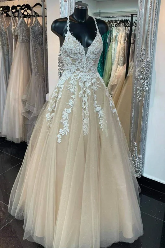 Incredible Offers Champagne Spaghetti Strap Tulle Lace Long Backless Prom Dress