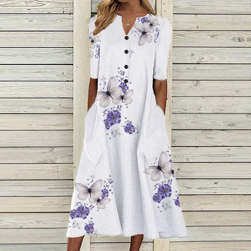 Anniversary Sale 3D Printed Half Sleeve Casual V Neck Pocket Maxi Dress