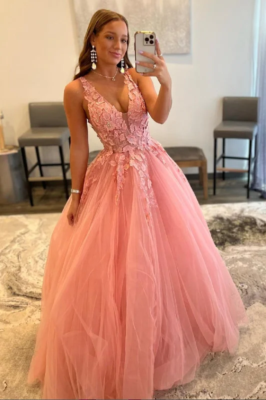 Referral Discount Pink V-Neck Lace Floor Length Prom Dress, Beautiful A-Line Backless Evening Dress