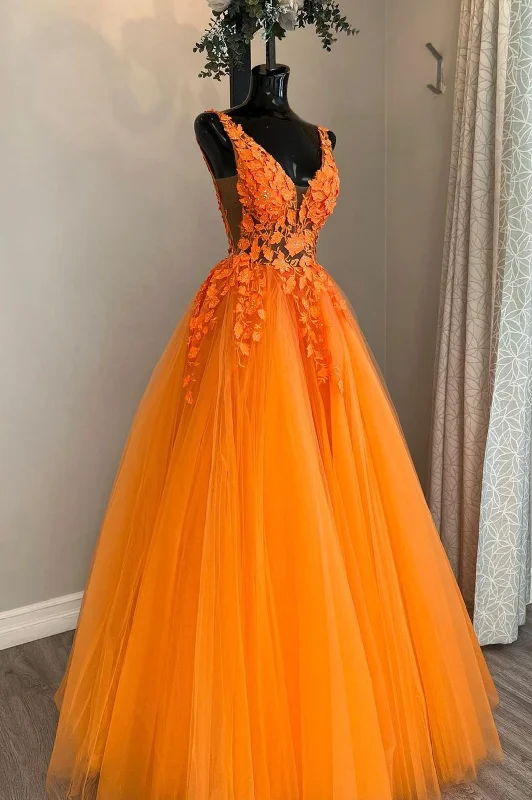 Special Price Orange V-Neck Tulle Lace Long Prom Dress, A-Line Backless Evening Dress